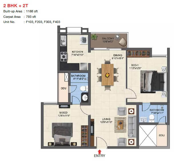 Floor plan of 2 BHK Apartment - 793 sq. ft. in Casagrand Woodside, Chennai