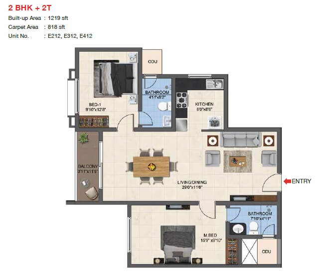 Floor plan of 2 BHK Apartment - 818 sq. ft. in Casagrand Woodside, Chennai