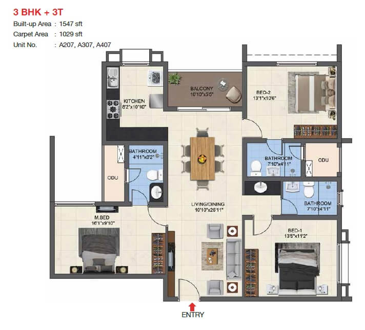 Floor plan of 3 BHK Apartment - 1029 sq. ft. in Casagrand Woodside, Chennai