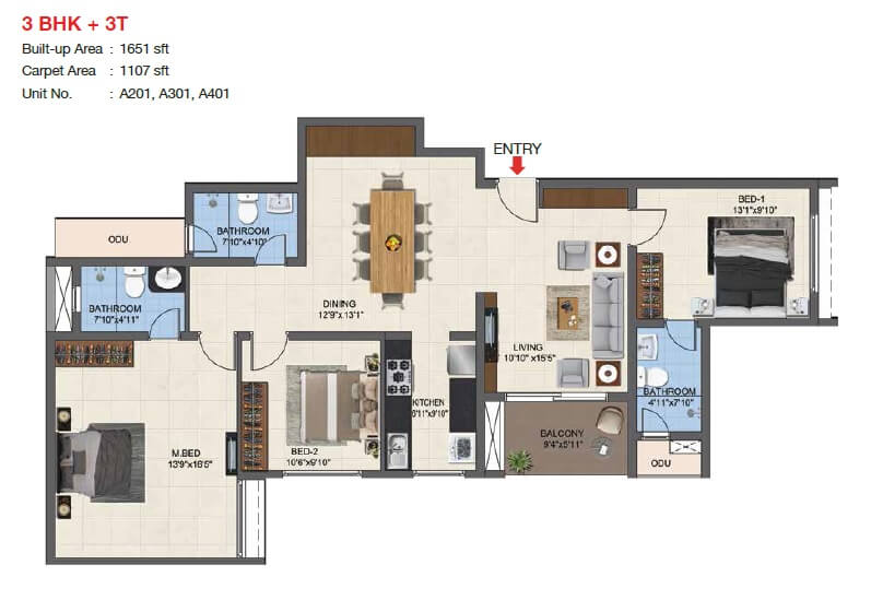 Floor plan of 3 BHK Apartment - 1107 sq. ft. in Casagrand Woodside, Chennai