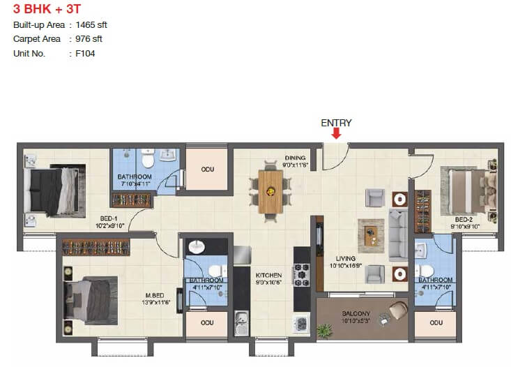 Floor plan of 3 BHK Apartment - 976 sq. ft. in Casagrand Woodside, Chennai