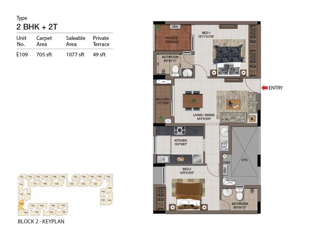 Floor plan of 2 BHK 1077 Sq. Ft. Apartment in Casagrand Zenith, Chennai