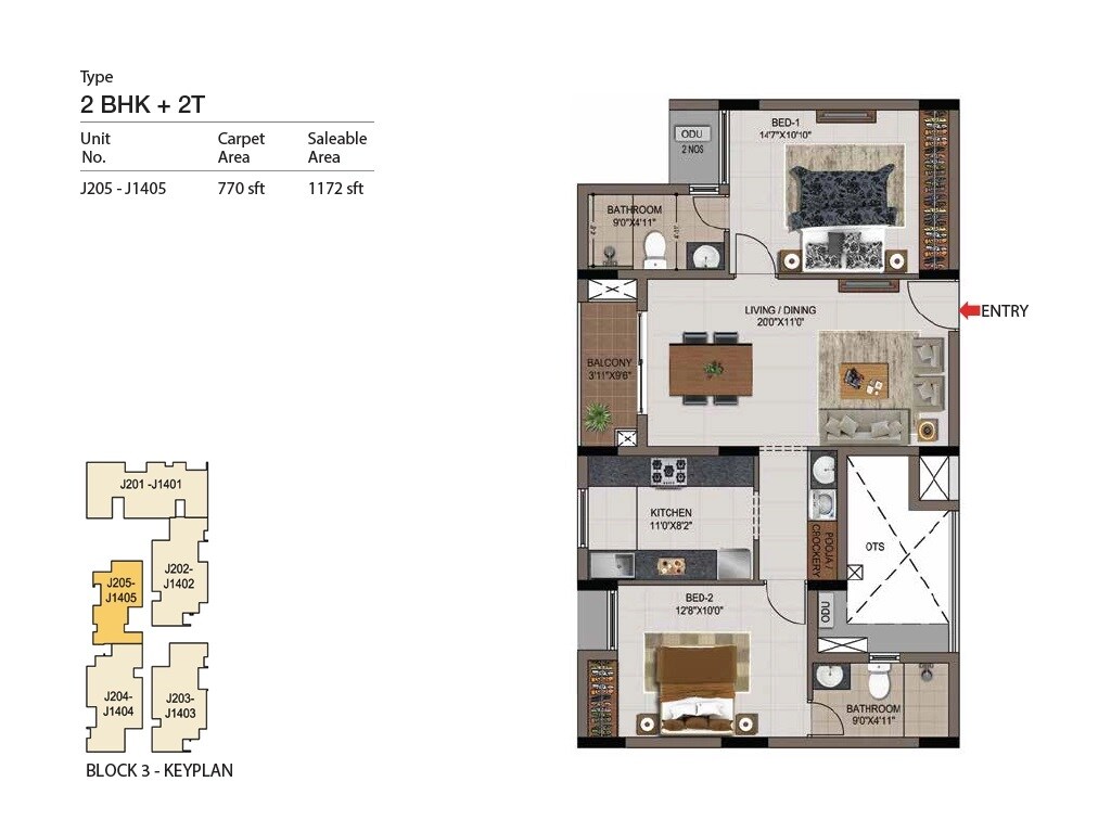 Floor plan of 2 BHK 1172 Sq. Ft. Apartment in Casagrand Zenith, Chennai