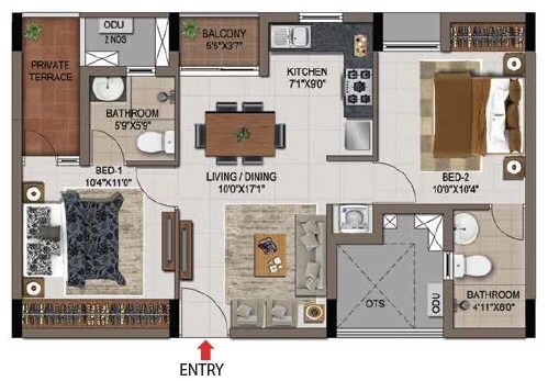 Floor plan of 2 BHK 835 Sq. Ft. Apartment in Casagrand Zenith, Chennai