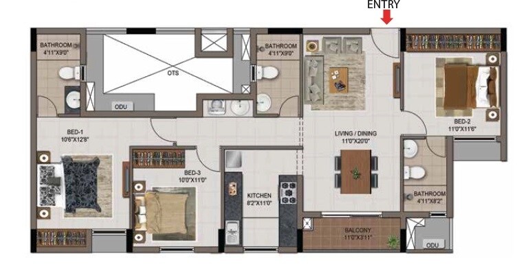 Floor plan of 3 BHK 1792 Sq. Ft. Apartment in Casagrand Zenith, Chennai