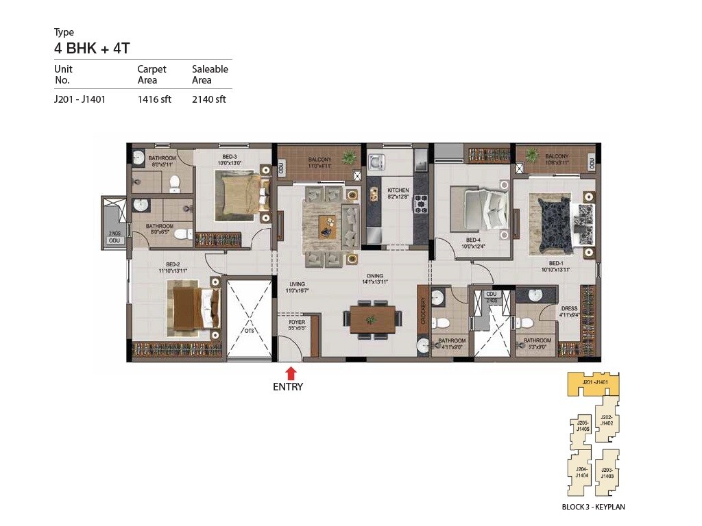 Floor plan of 4 BHK 2140 Sq. Ft. Apartment in Casagrand Zenith, Chennai