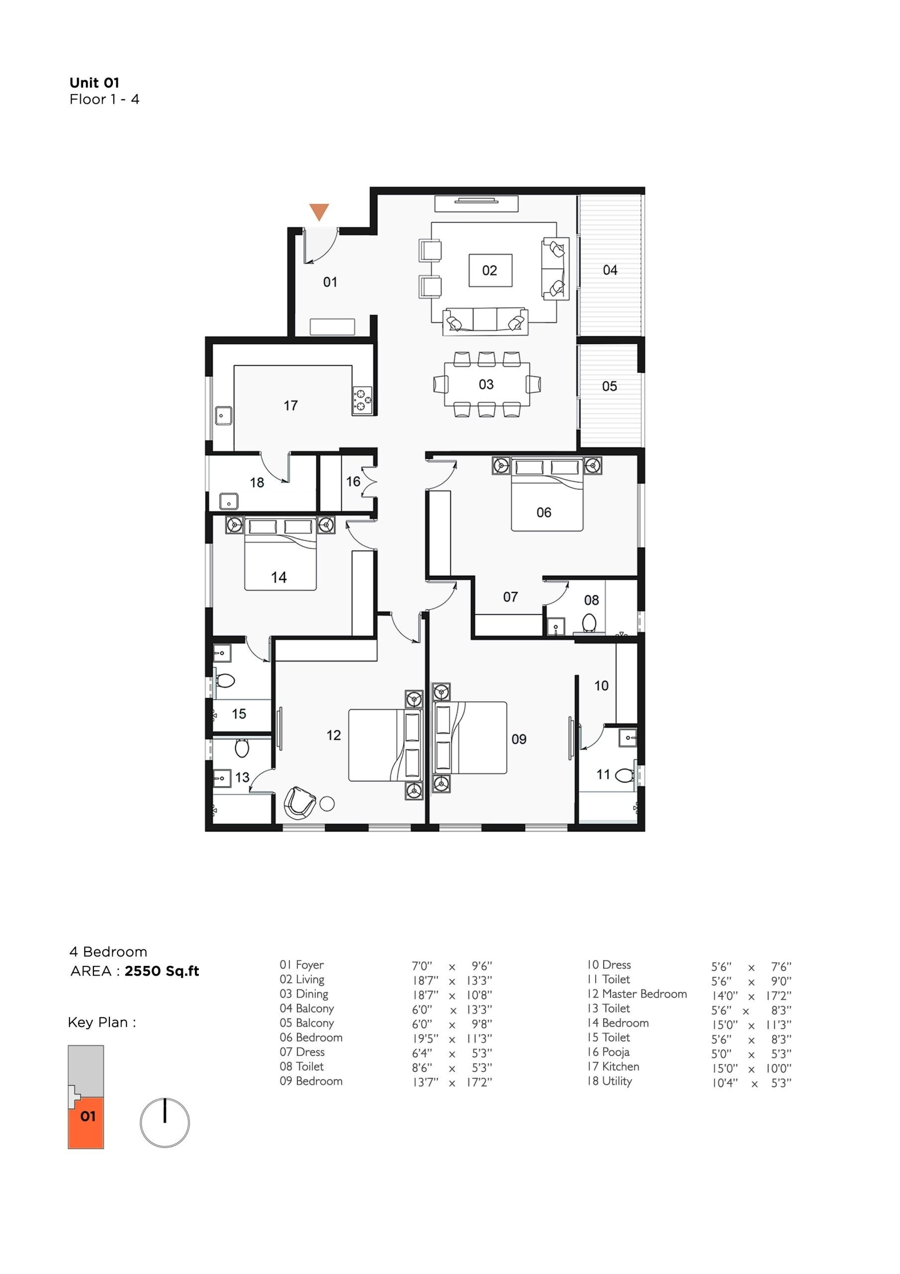 Floor plan of 4 BHK 2550 Sq. Ft. Apartment in Ceebros Sri Ramachandra, Chennai