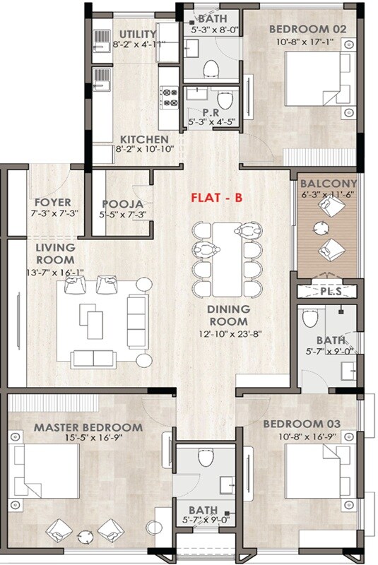 Floor plan of 3 BHK 2159 Sq. Ft. Apartment in Chaitanya Jasmine, Chennai