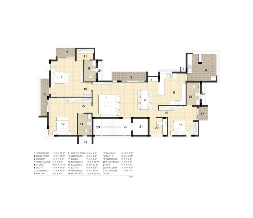 Floor plan of 3 BHK 2606 Sq. Ft. Apartment in Chaitanya Nilaa, Chennai
