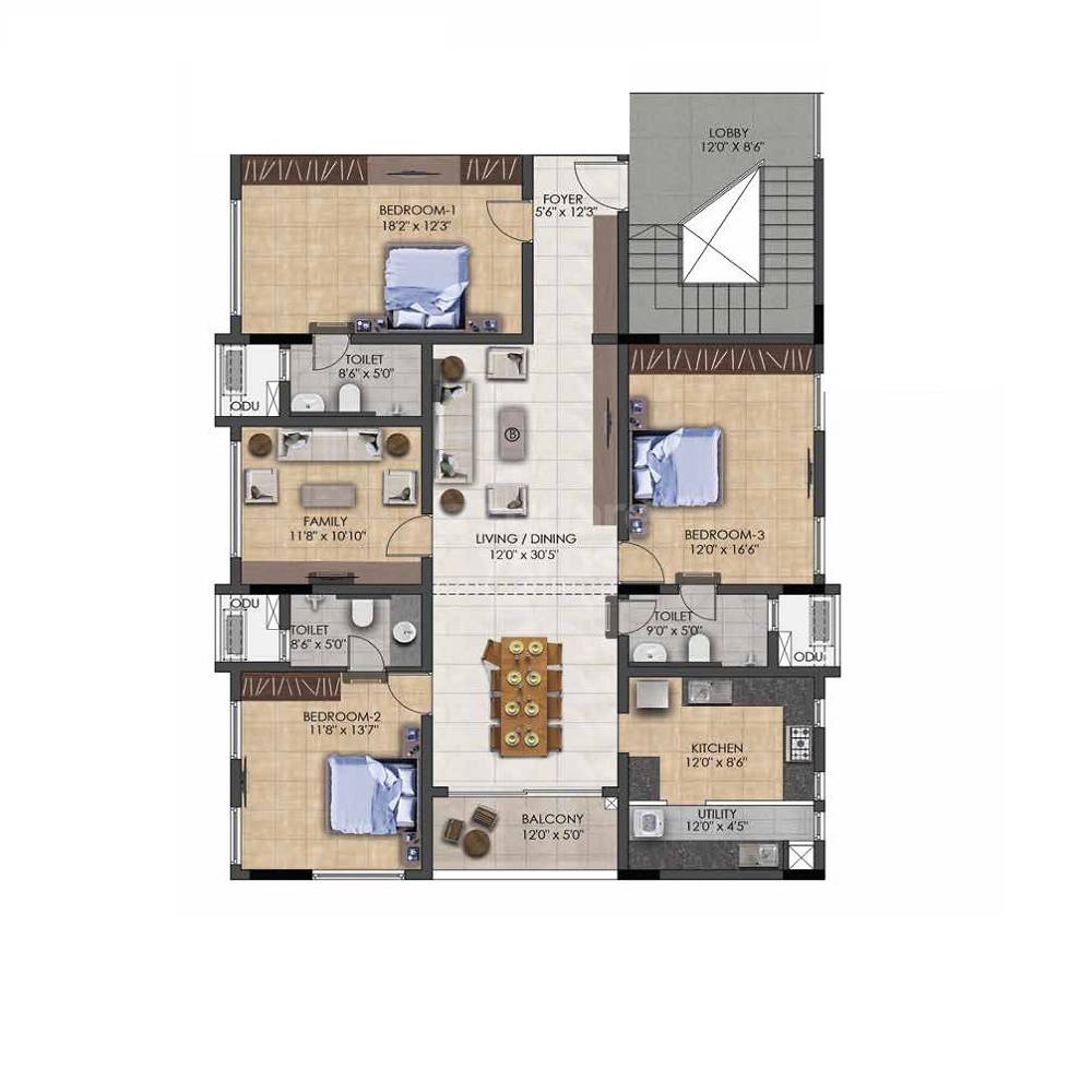 Floor plan of 3 BHK 1563 Sq. Ft. Apartment in Chaitanya Sarang, Chennai