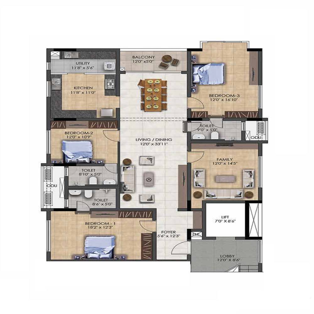 Floor plan of 3 BHK 1694 Sq. Ft. Apartment in Chaitanya Sarang, Chennai