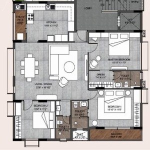 Floor plan of 3 BHK 1427 Sq. Ft. Apartment in Chamundeeswary Chang Royale, Chennai