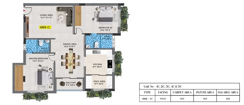 Floor plan of 2 BHK 1152 Sq. Ft. Apartment in Cinnamon Blossom, Chennai
