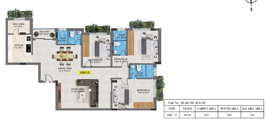 Floor plan of 3 BHK 1421 Sq. Ft. Apartment in Cinnamon Blossom, Chennai