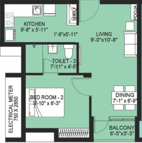 Floor plan of 1 BHK 530 Sq. Ft. Apartment in Compact Homes Haripriya, Chennai