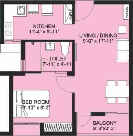 Floor plan of 1 BHK 550 Sq. Ft. Apartment in Compact Homes Haripriya, Chennai
