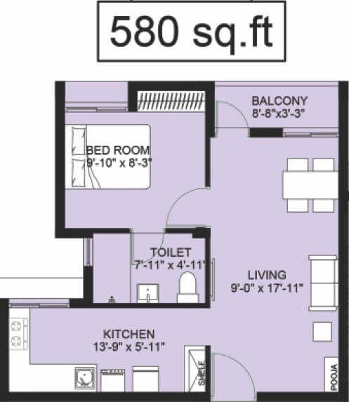 Floor plan of 1 BHK 580 Sq. Ft. Apartment in Compact Homes Haripriya, Chennai