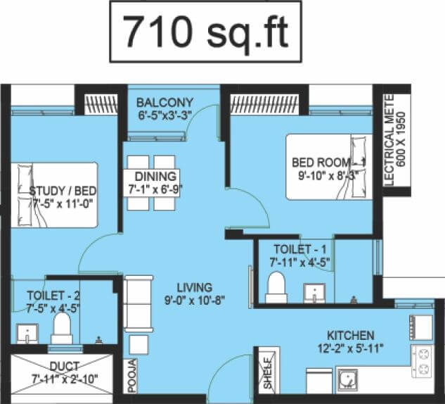 Floor plan of 1 BHK 710 Sq. Ft. Apartment in Compact Homes Haripriya, Chennai