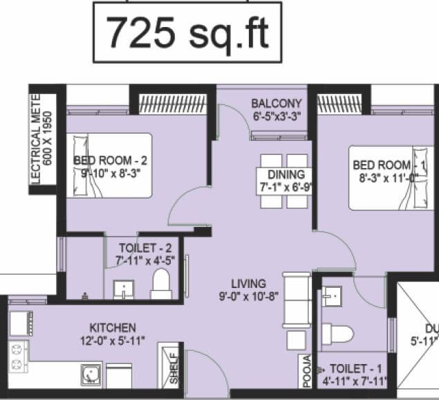 Floor plan of 2 BHK 725 Sq. Ft. Apartment in Compact Homes Haripriya, Chennai