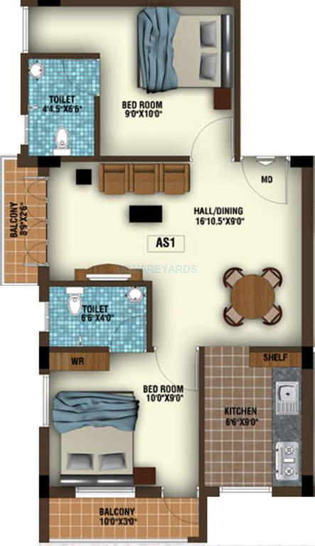 Floor plan of 2 BHK 807 Sq. Ft. Apartment in Confident Ruby, Chennai