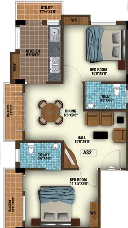 Floor plan of 2 BHK 852 Sq. Ft. Apartment in Confident Ruby, Chennai