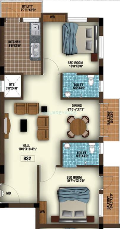 Floor plan of 2 BHK 915 Sq. Ft. Apartment in Confident Ruby, Chennai