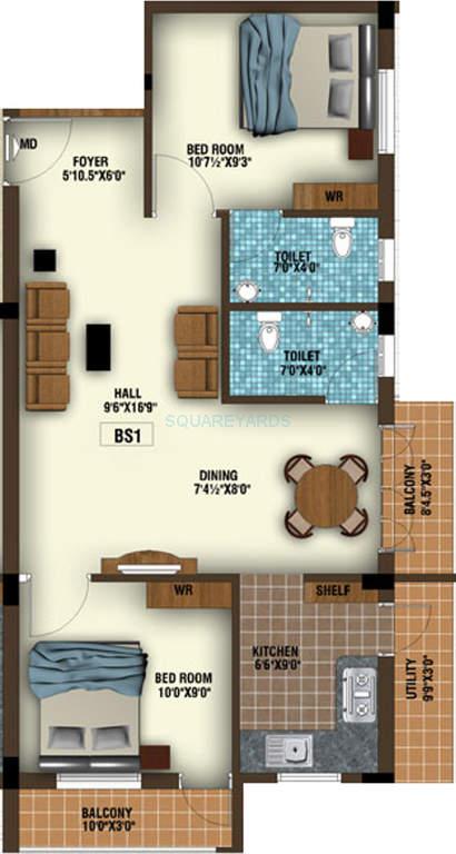 Floor plan of 2 BHK 960 Sq. Ft. Apartment in Confident Ruby, Chennai