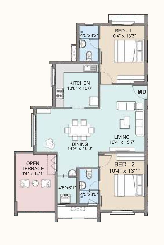 Floor plan of 2 BHK 1220 Sq. Ft. Apartment in DAC Aeropolis, Chennai