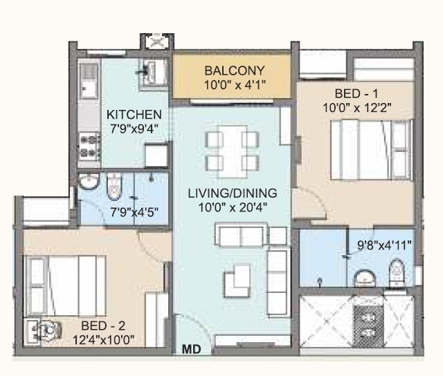 Floor plan of 2 BHK 978 Sq. Ft. Apartment in DAC Aeropolis, Chennai