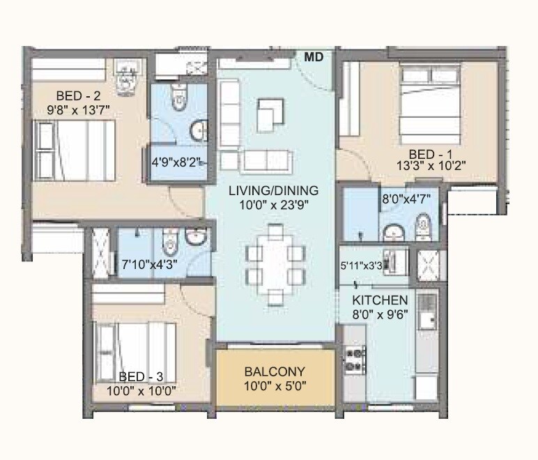 Floor plan of 3 BHK 1326 Sq. Ft. Apartment in DAC Aeropolis, Chennai