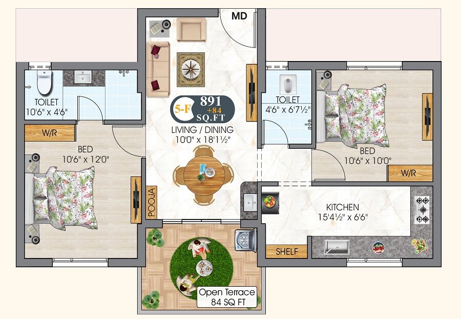Floor plan of 2 BHK 891 Sq. Ft. Apartment in DAC Agaram, Chennai