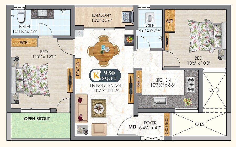 Floor plan of 2 BHK 930 Sq. Ft. Apartment in DAC Agaram, Chennai