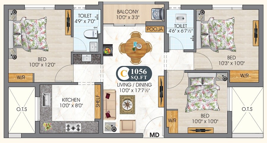 Floor plan of 3 BHK 1056 Sq. Ft. Apartment in DAC Agaram, Chennai