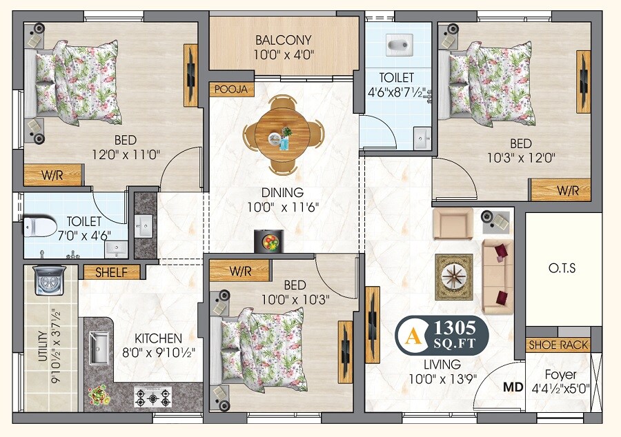 Floor plan of 3 BHK 1305 Sq. Ft. Apartment in DAC Agaram, Chennai