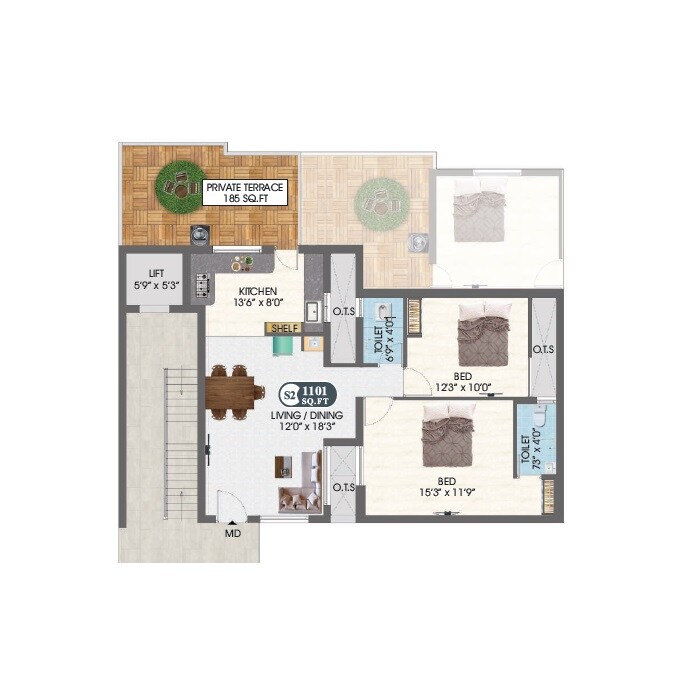Floor plan of 2 BHK 1101 Sq. Ft. Apartment in Dac Akshar Pushkar, Chennai