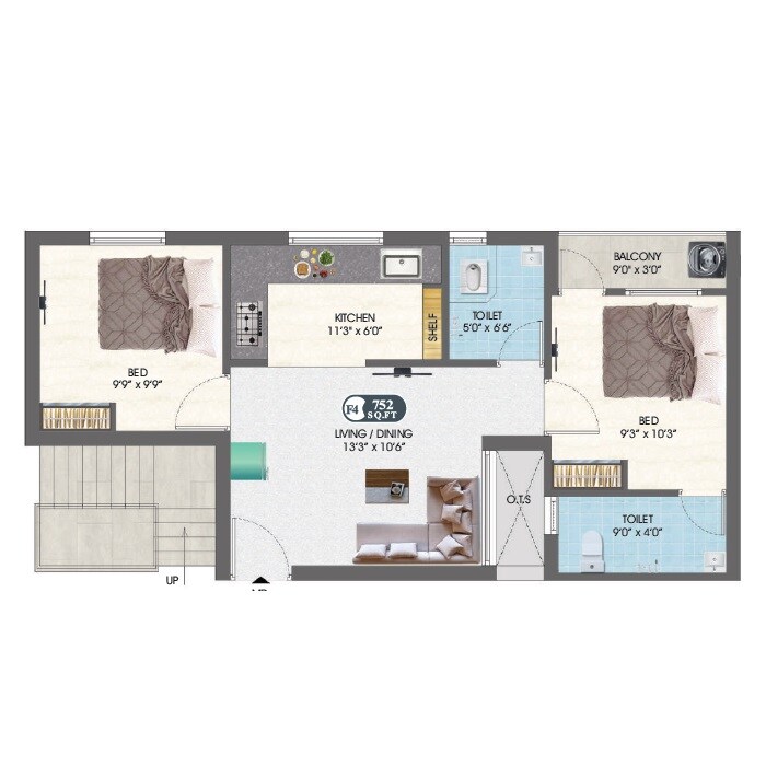Floor plan of 2 BHK 752 Sq. Ft. Apartment in Dac Akshar Pushkar, Chennai