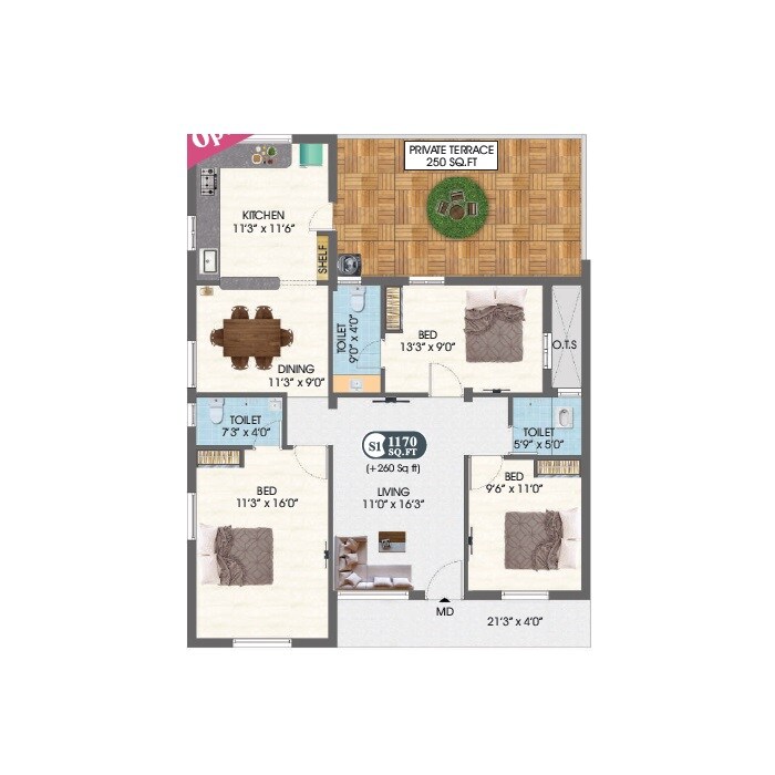 Floor plan of 3 BHK 1170 Sq. Ft. Apartment in Dac Akshar Pushkar, Chennai