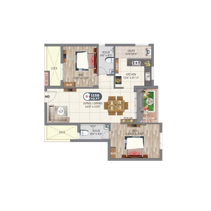 2 BHK 1150 Sq. Ft. Apartment