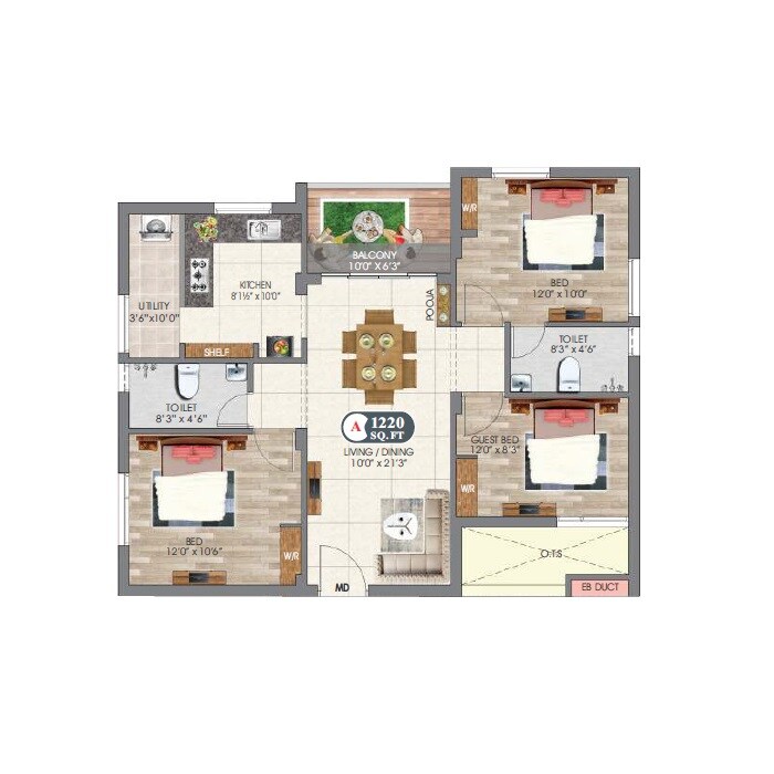 3 BHK 1220 Sq. Ft. Apartment