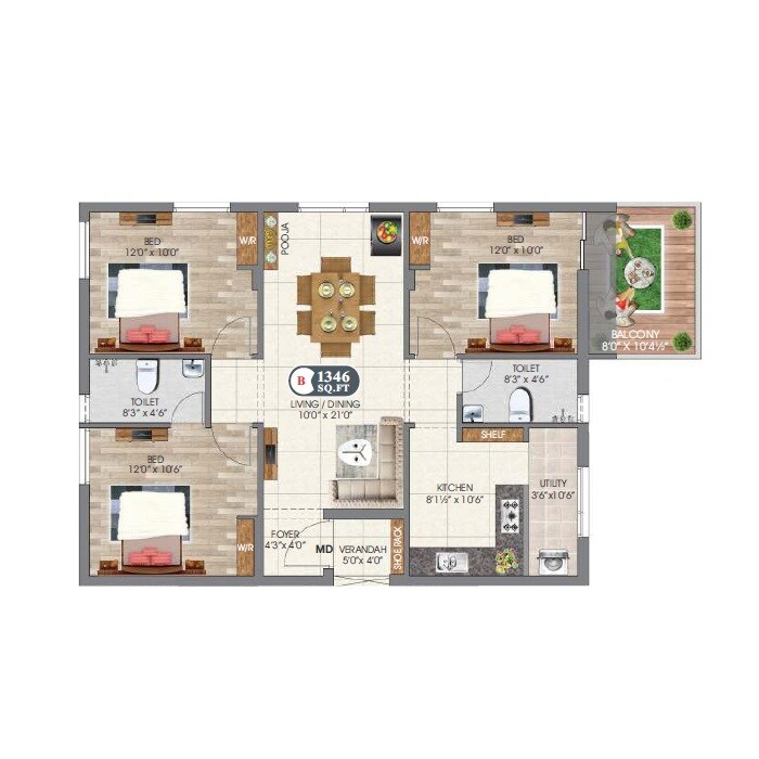 3 BHK 1346 Sq. Ft. Apartment