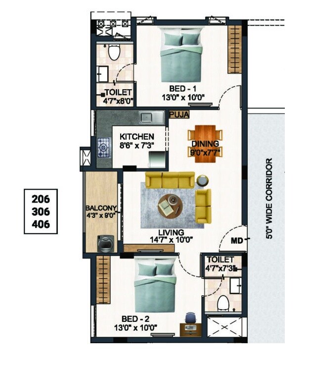 2 BHK 967 Sq. Ft. Apartment