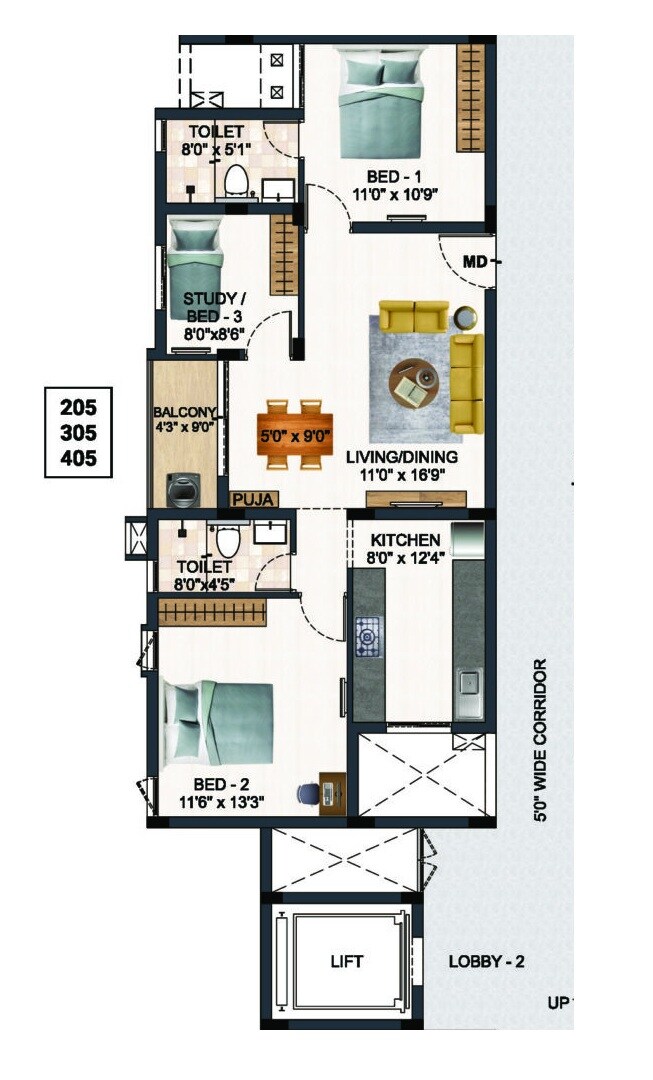3 BHK 1199 Sq. Ft. Apartment