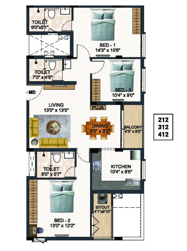 Floor plan of 3 BHK 1452 Sq. Ft. Apartment in DAC Luxe, Chennai