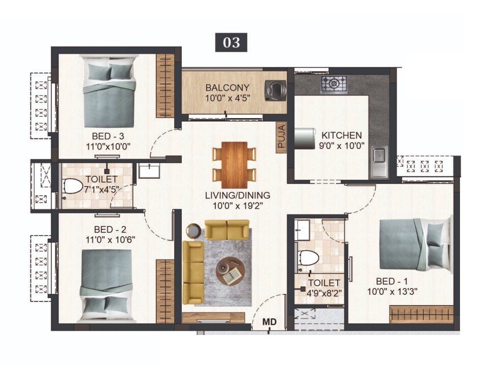 Floor plan of 3 BHK 1146 Sq. Ft. Apartment in DAC Madison, Chennai