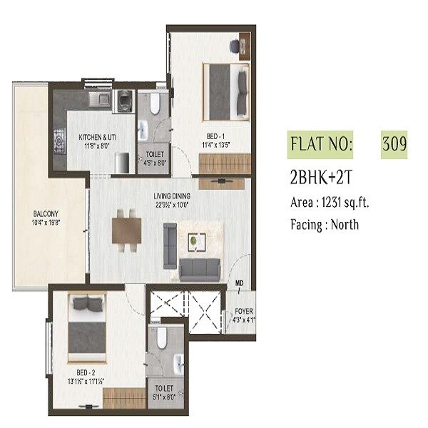 Floor plan of 2 BHK 1231 Sq. Ft. Apartment in DAC Manapark, Chennai