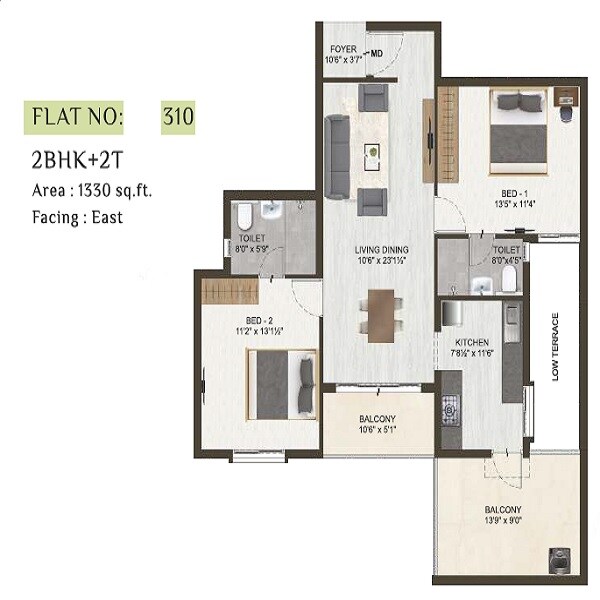 Floor plan of 2 BHK 1330 Sq. Ft. Apartment in DAC Manapark, Chennai