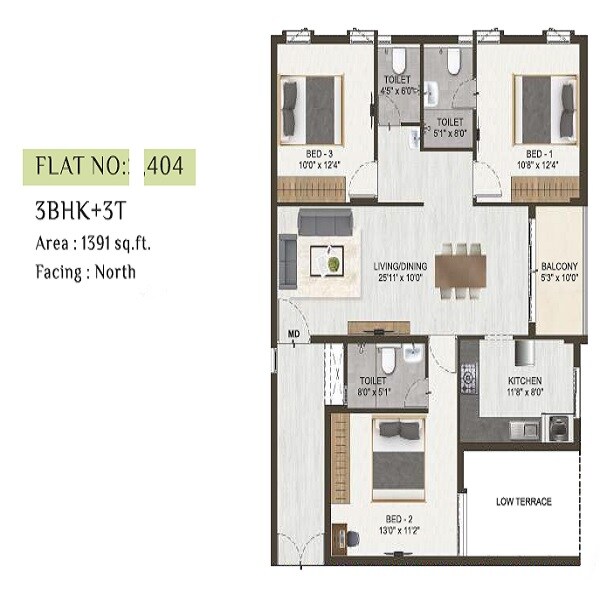 Floor plan of 3 BHK 1391 Sq. Ft. Apartment in DAC Manapark, Chennai
