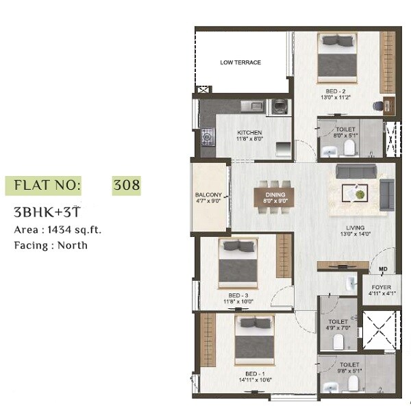 Floor plan of 3 BHK 1434 Sq. Ft. Apartment in DAC Manapark, Chennai