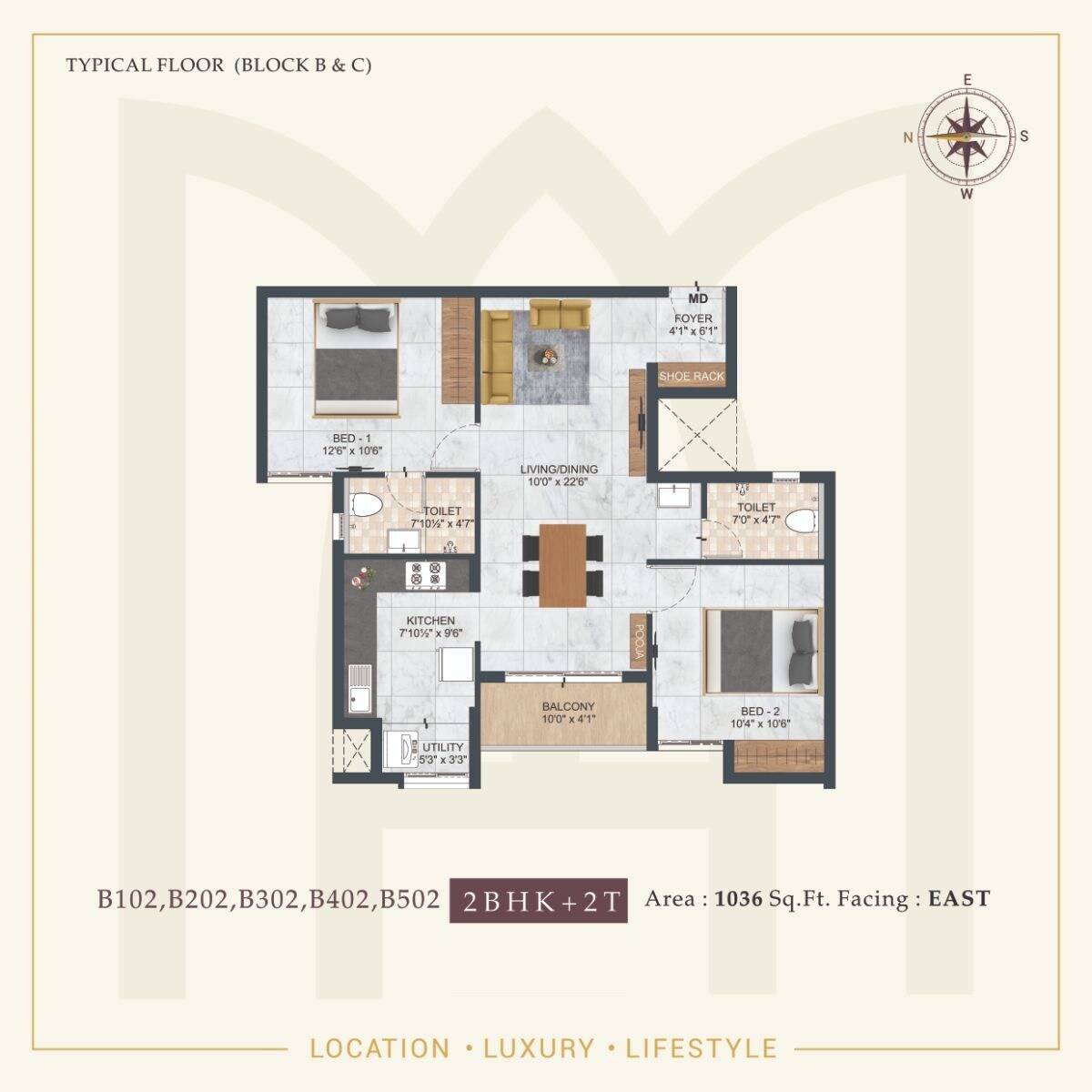 Floor plan of 2 BHK 1036 Sq. Ft. Apartment in DAC Medallion, Chennai