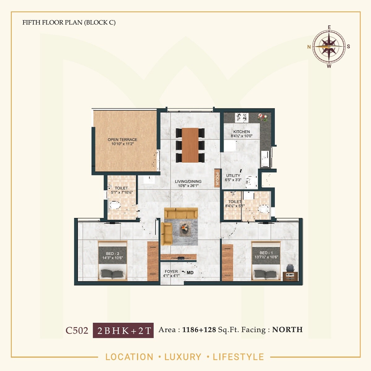 Floor plan of 2 BHK 1186 Sq. Ft. Apartment in DAC Medallion, Chennai